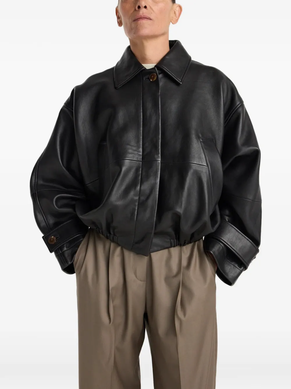 Rohe Cropped Leather Bomber Blouson Jacket With Dropped Shoulders In Black