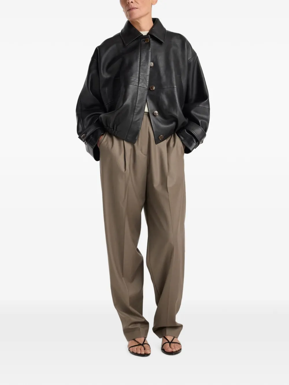 Rohe Cropped Leather Bomber Blouson Jacket With Dropped Shoulders In Black