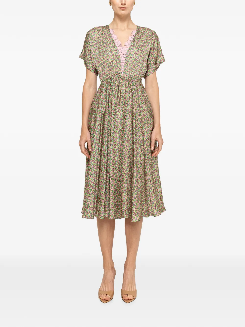 NISSA lace-detail viscose midi dress - Verde