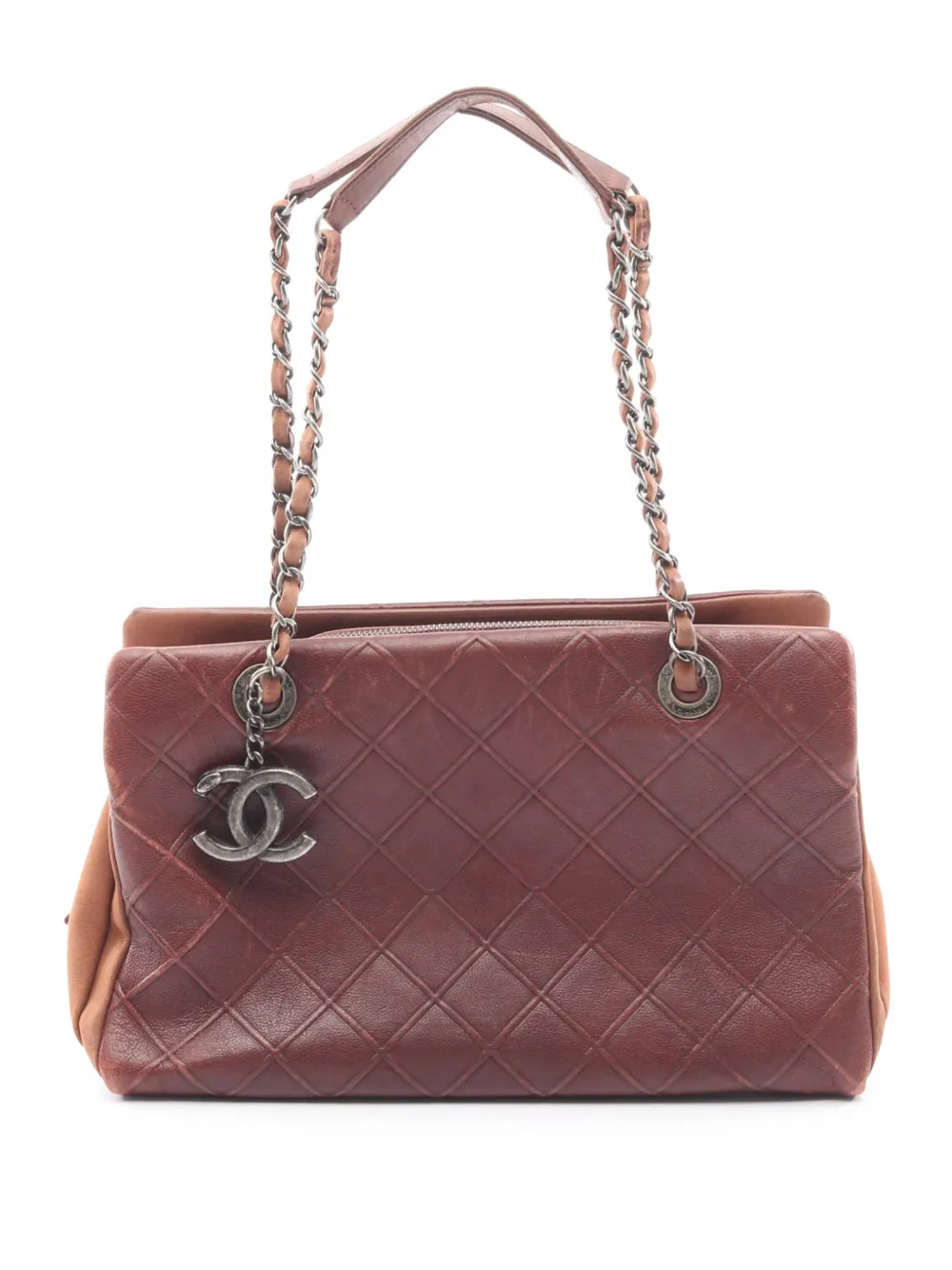 CHANEL Pre-Owned 2013-2014 Large Calfskin Diamond Embossed CC Zip Shopping tote bag - Brown
