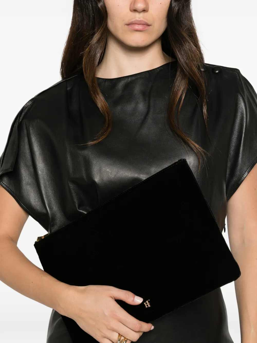 Elisabetta Franchi Clutch met fluwelen effect en logo-plakkaat Zwart