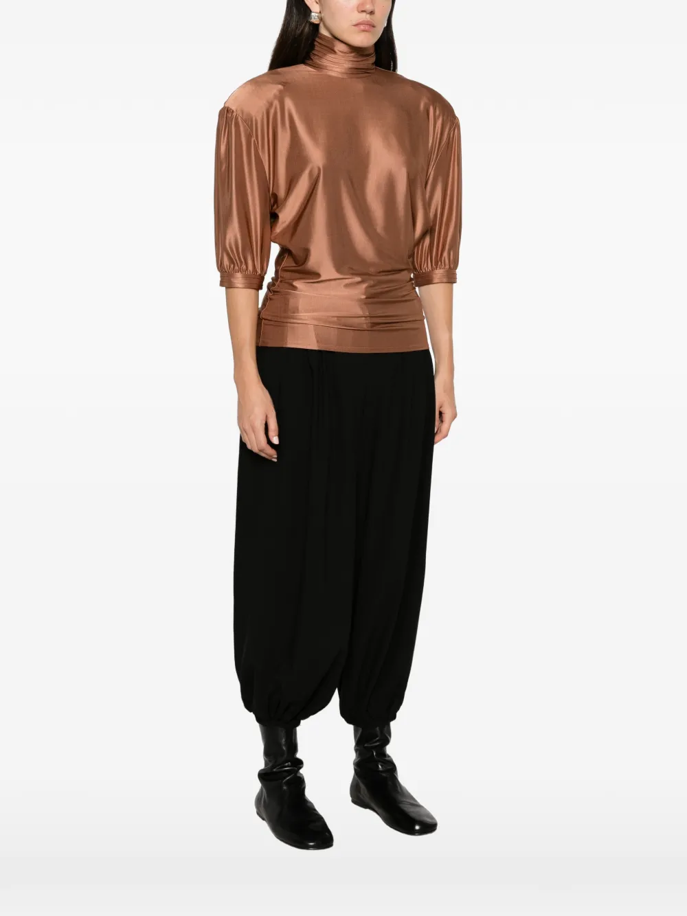 Rabanne Blouse met hoge hals en gesmockte taille Bruin