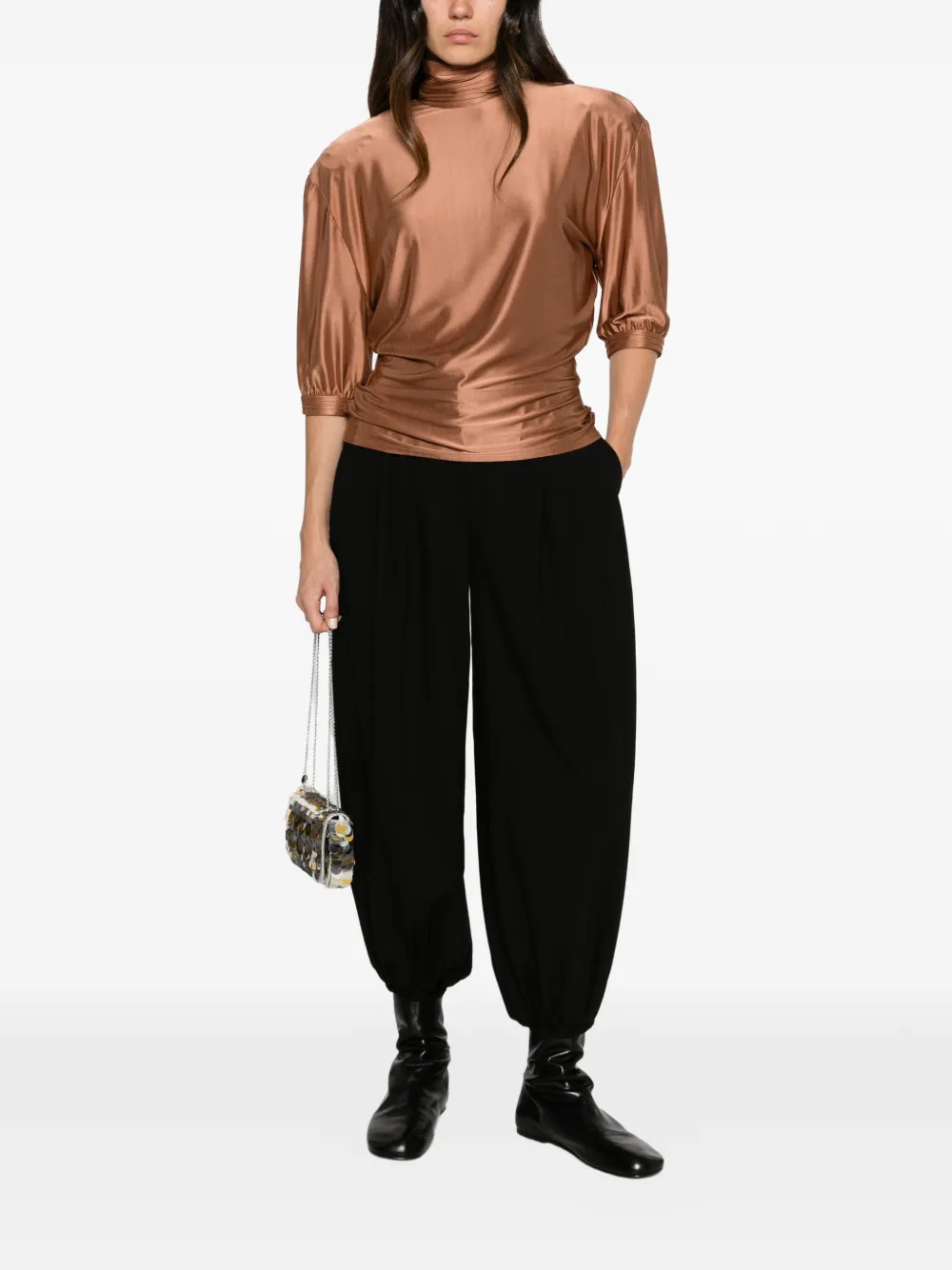 Rabanne Blouse met hoge hals en gesmockte taille Bruin