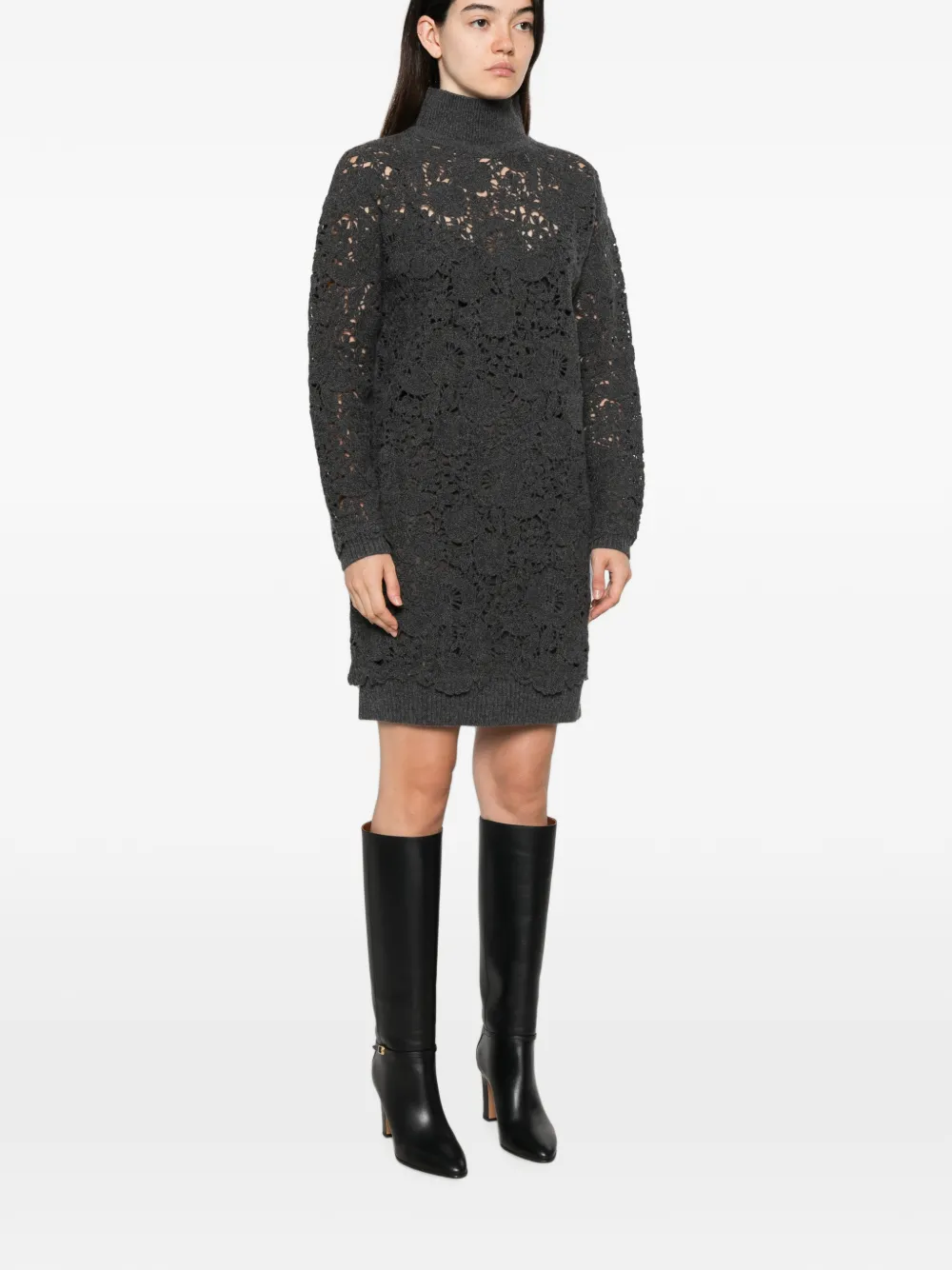 Ermanno Scervino Gebreide midi-jurk met col en kant Grijs