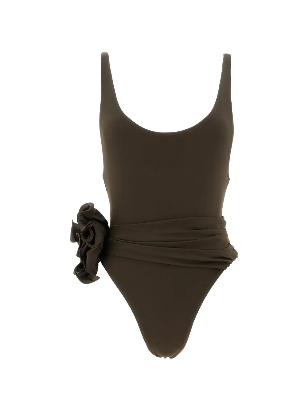 Magda Butrym floral-appliqué draped swimsuit - Marrone