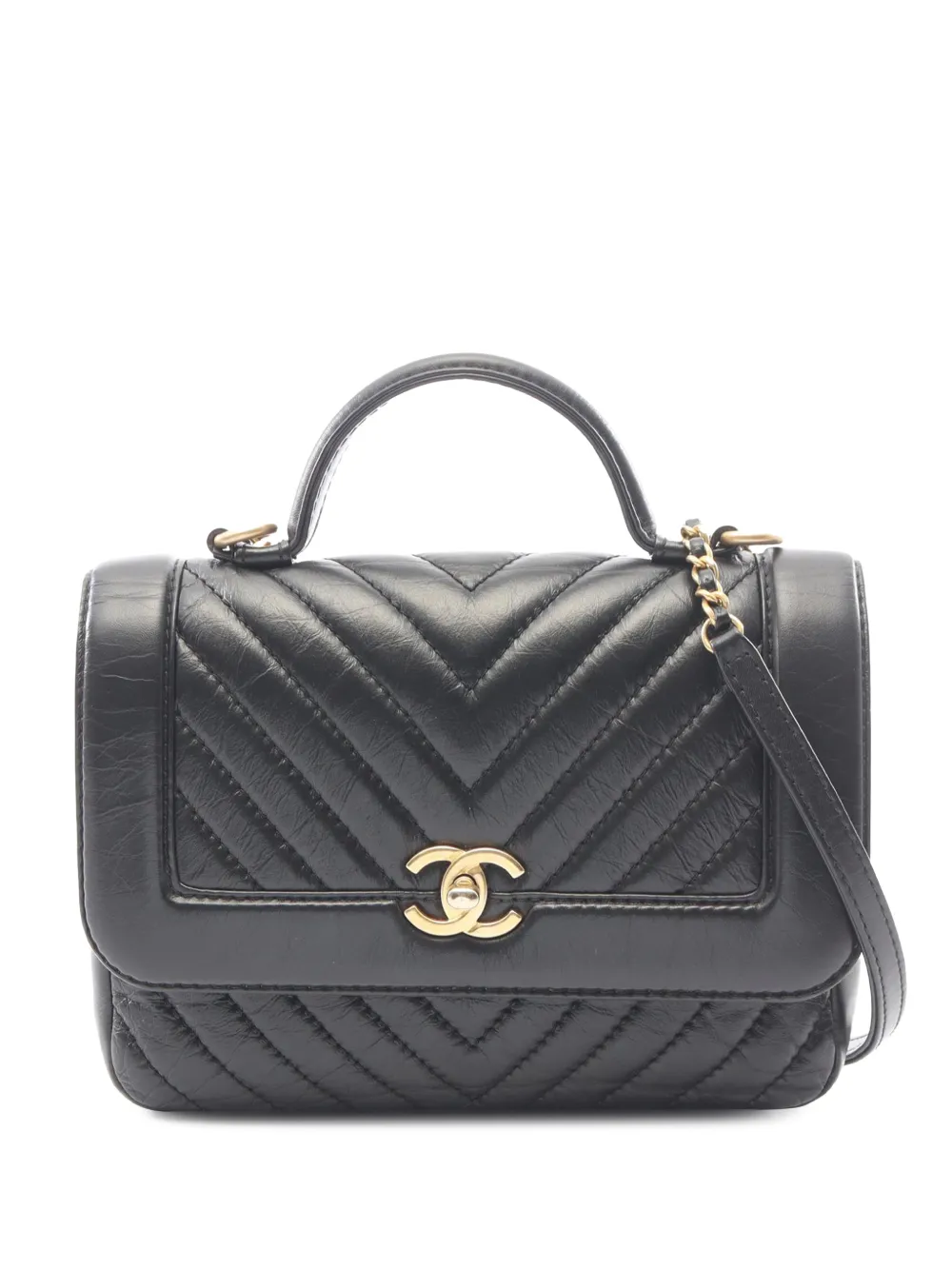 CHANEL Pre-Owned 2017-2018 Quilted Chevron Calfskin Top Handle Flap satchel - Black