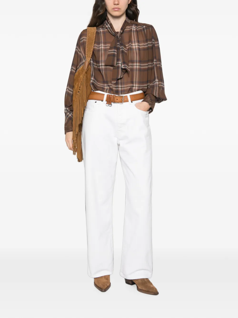 ERMANNO FIRENZE Geruite blouse met strik Bruin