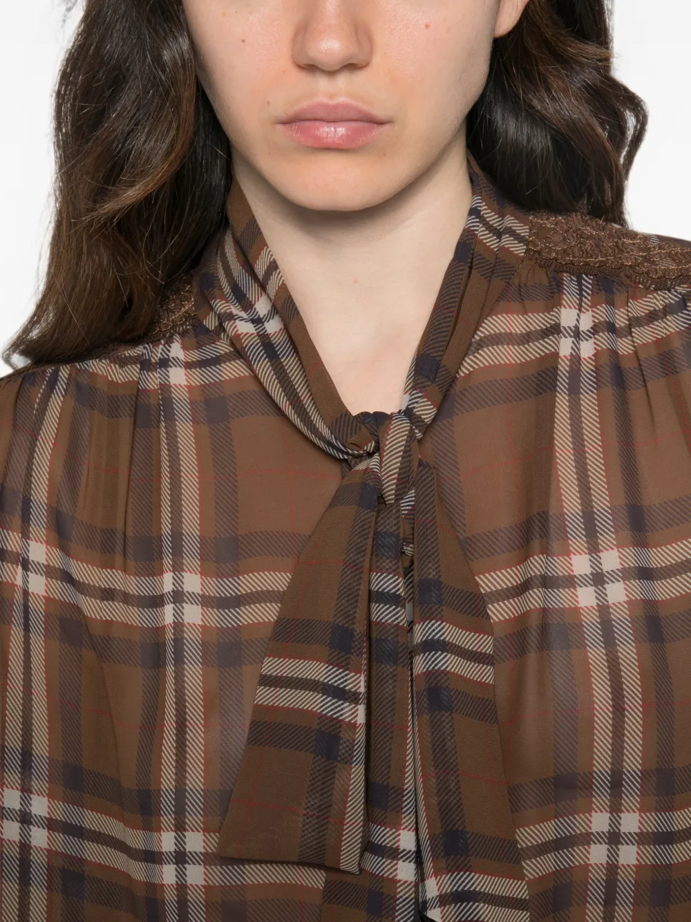 ERMANNO FIRENZE Geruite blouse met strik Bruin