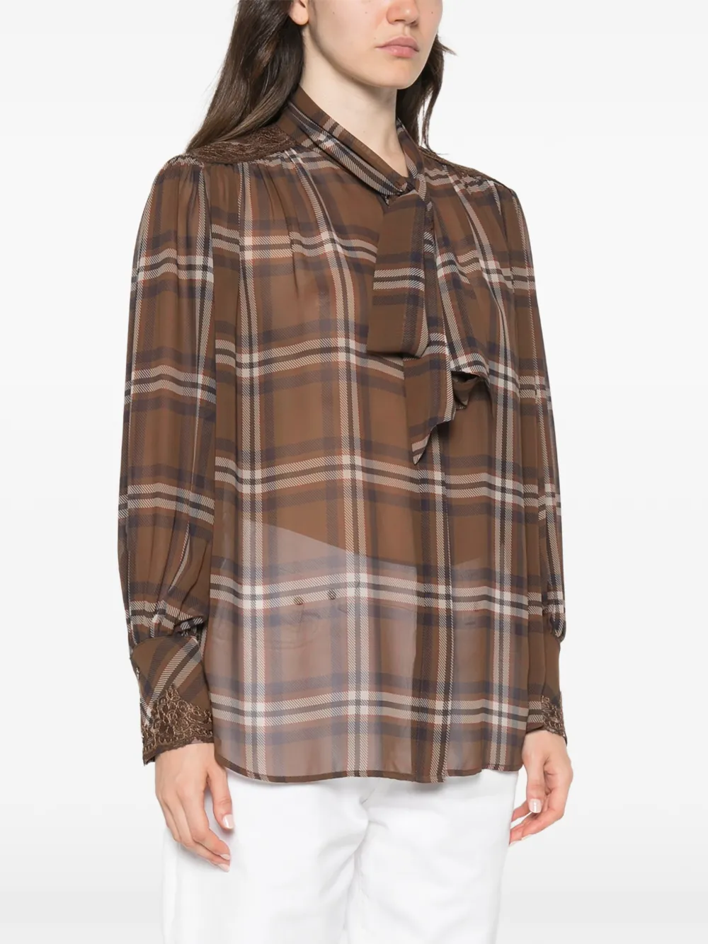 ERMANNO FIRENZE Geruite blouse met strik Bruin
