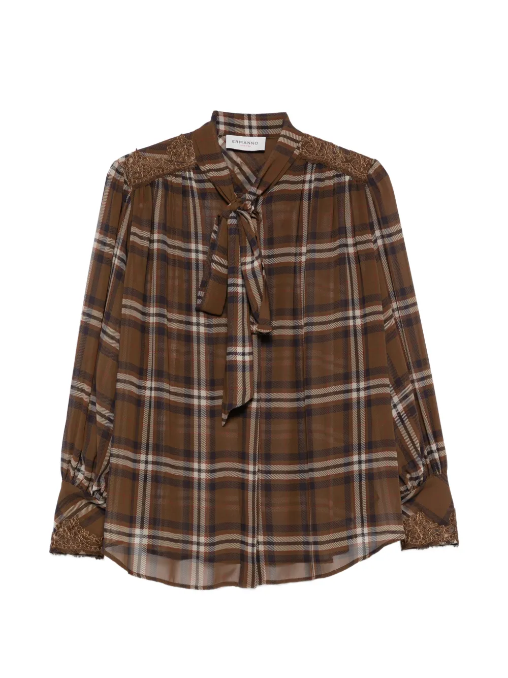 ERMANNO FIRENZE check-pattern pussy-bow shirt - Brown