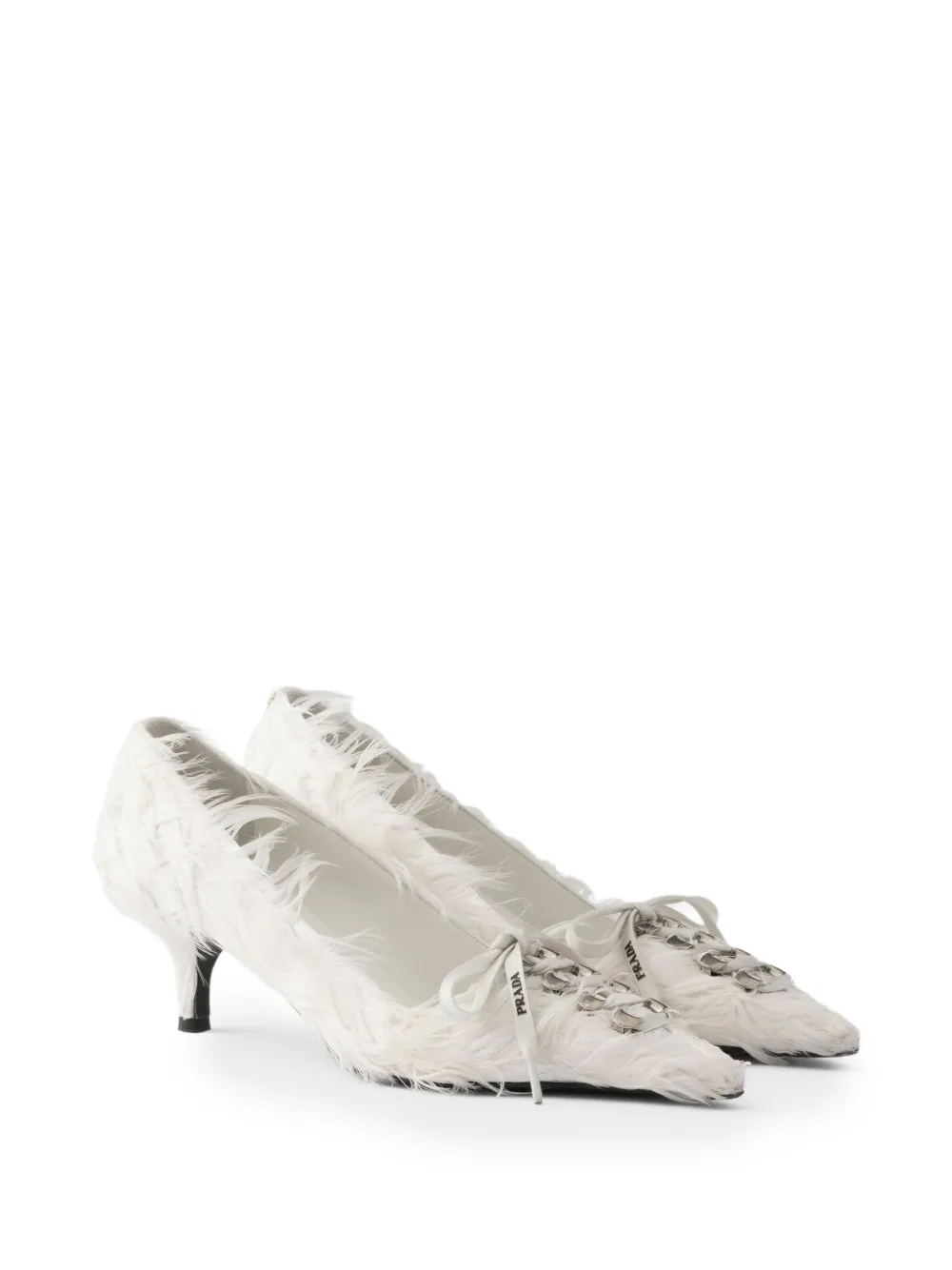 Prada Satijnen pumps verfraaid met veren Wit