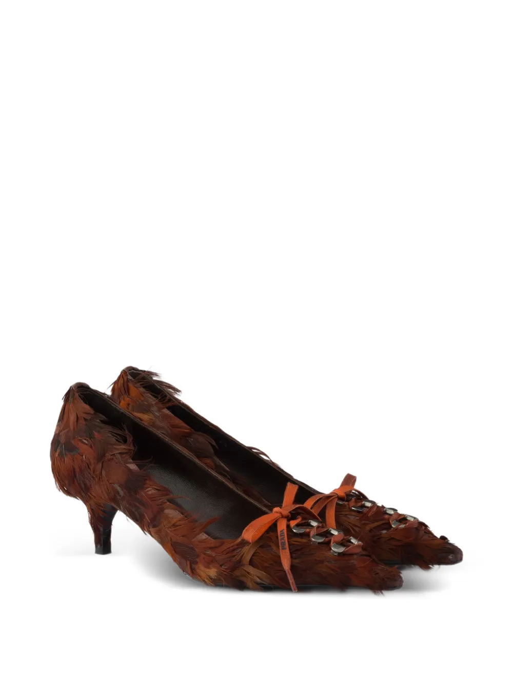 Prada Satijnen pumps verfraaid met veren Bruin