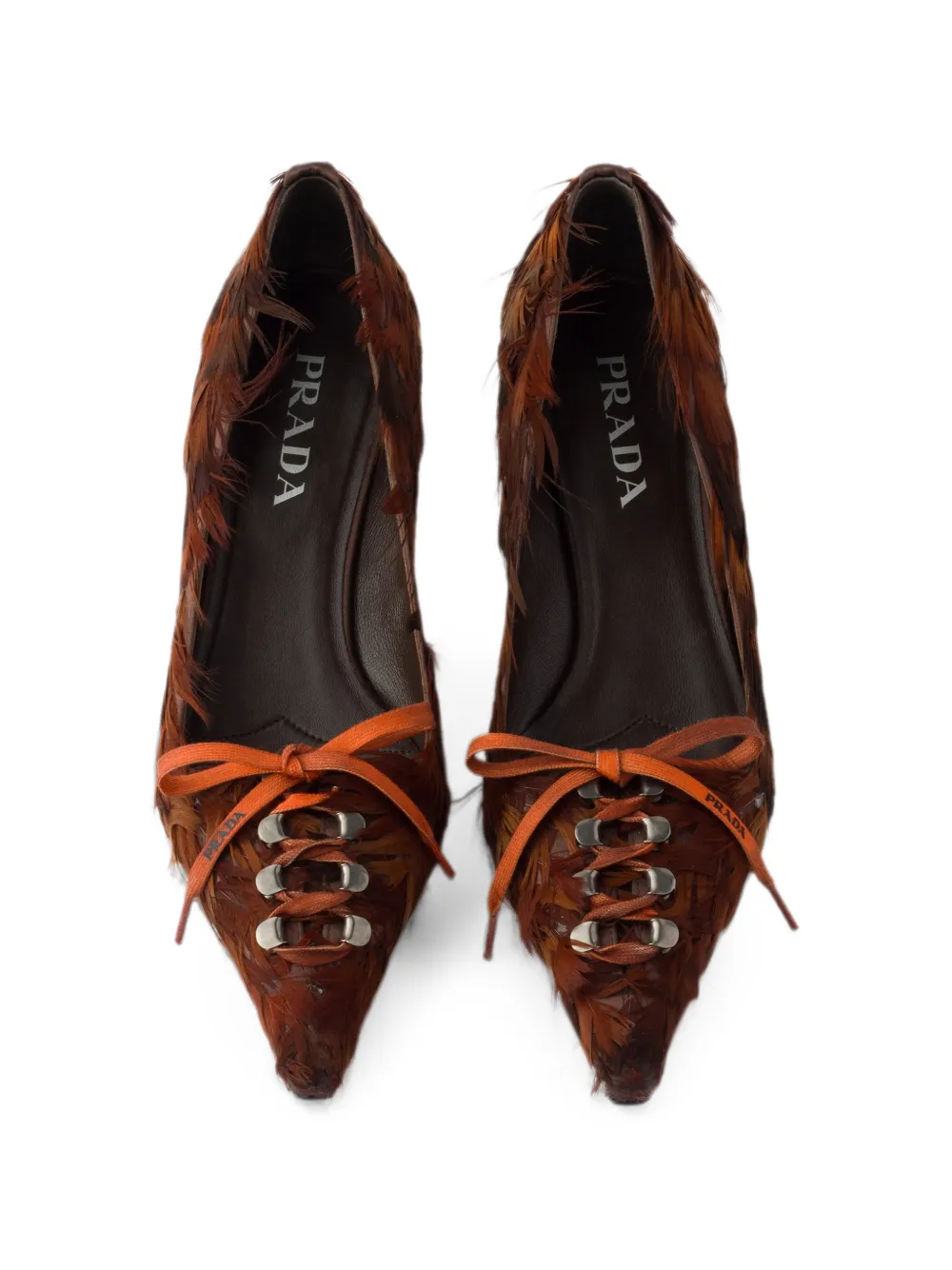 Prada Satijnen pumps verfraaid met veren Bruin