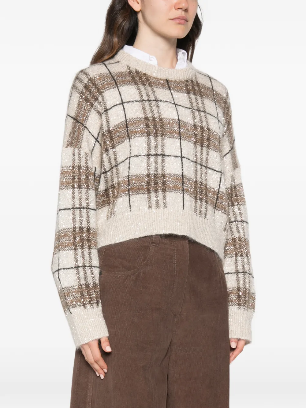 Brunello Cucinelli Geruite trui verfraaid met pailletten Beige