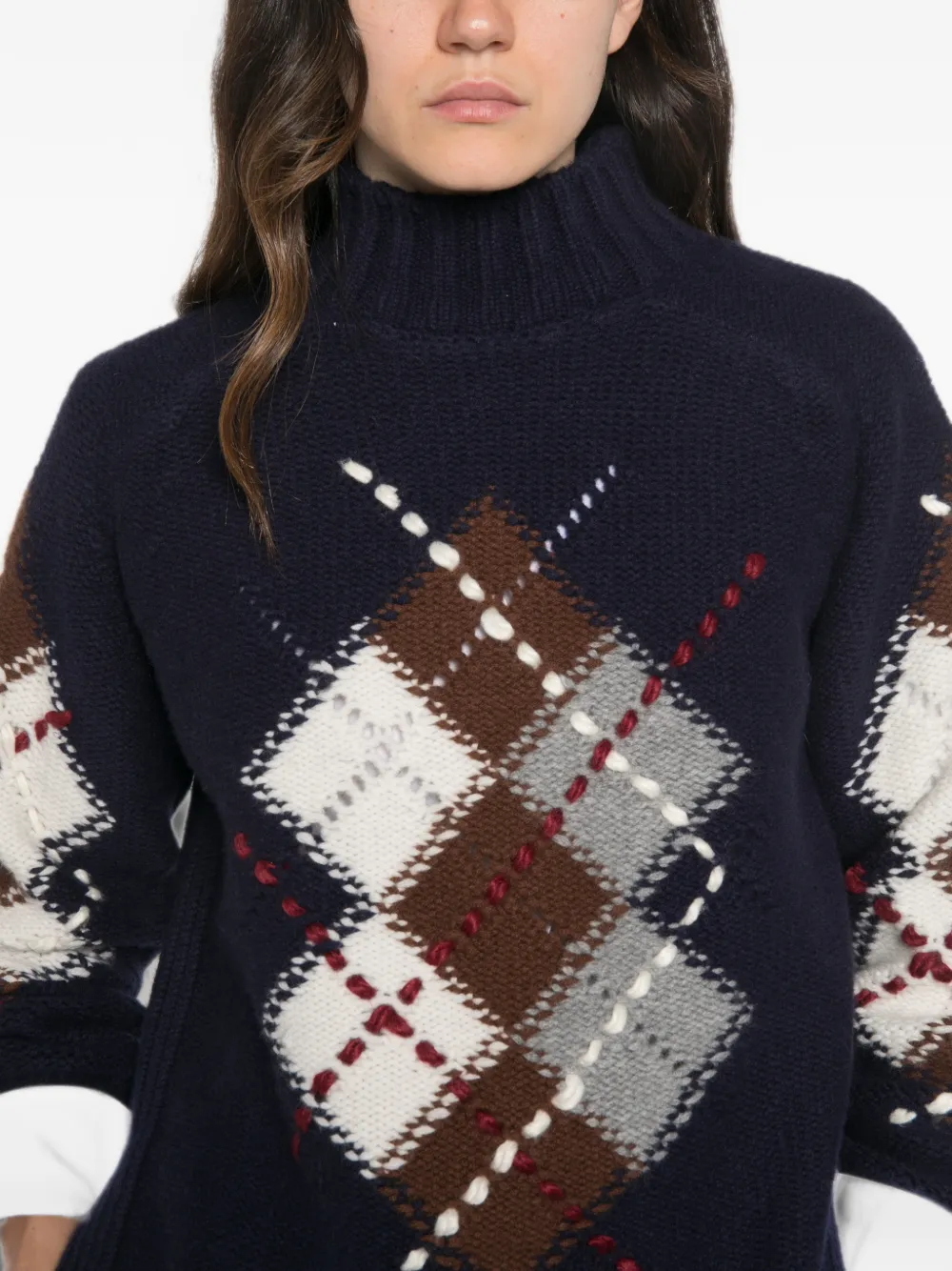 Ermanno Firenze Rich Blue Argyle Pattern Wool Turtleneck Sweater In Blue