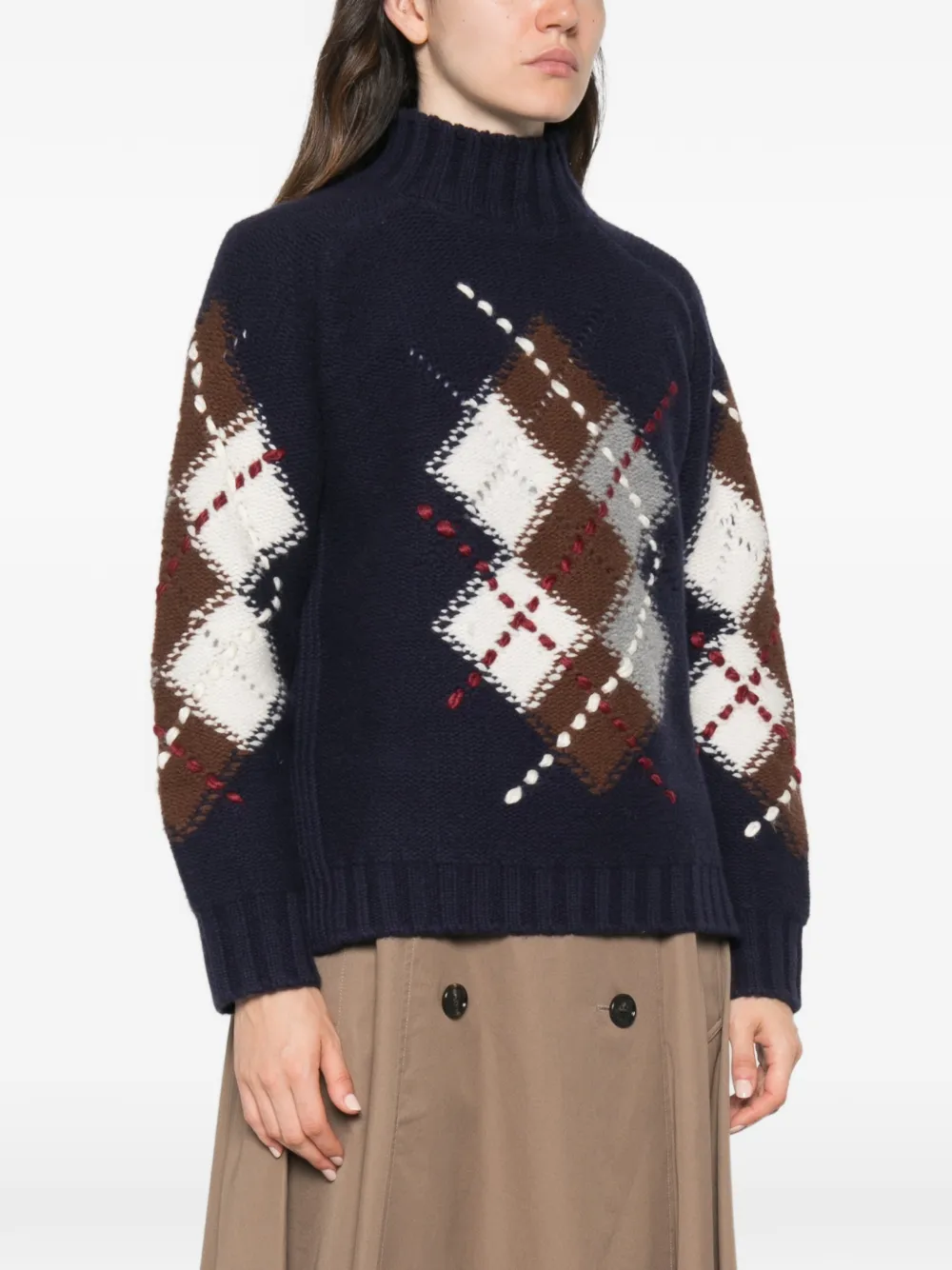 Ermanno Firenze Rich Blue Argyle Pattern Wool Turtleneck Sweater In Blue