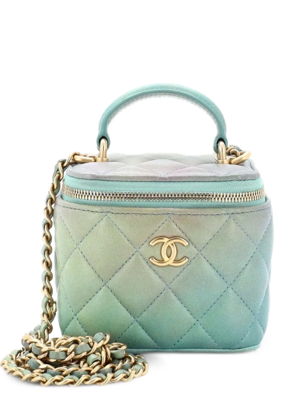 CHANEL Pre-Owned Borsa a tracolla classica mini in pelle di agnello trapuntata con effetto sfumato, manico e catena - Verde