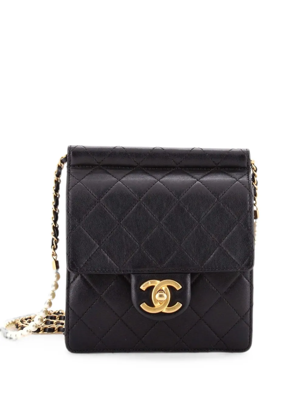 CHANEL Pre-Owned Pearl Chain Flap Bag Quilted Lambskin Small shoulder bag - Black
