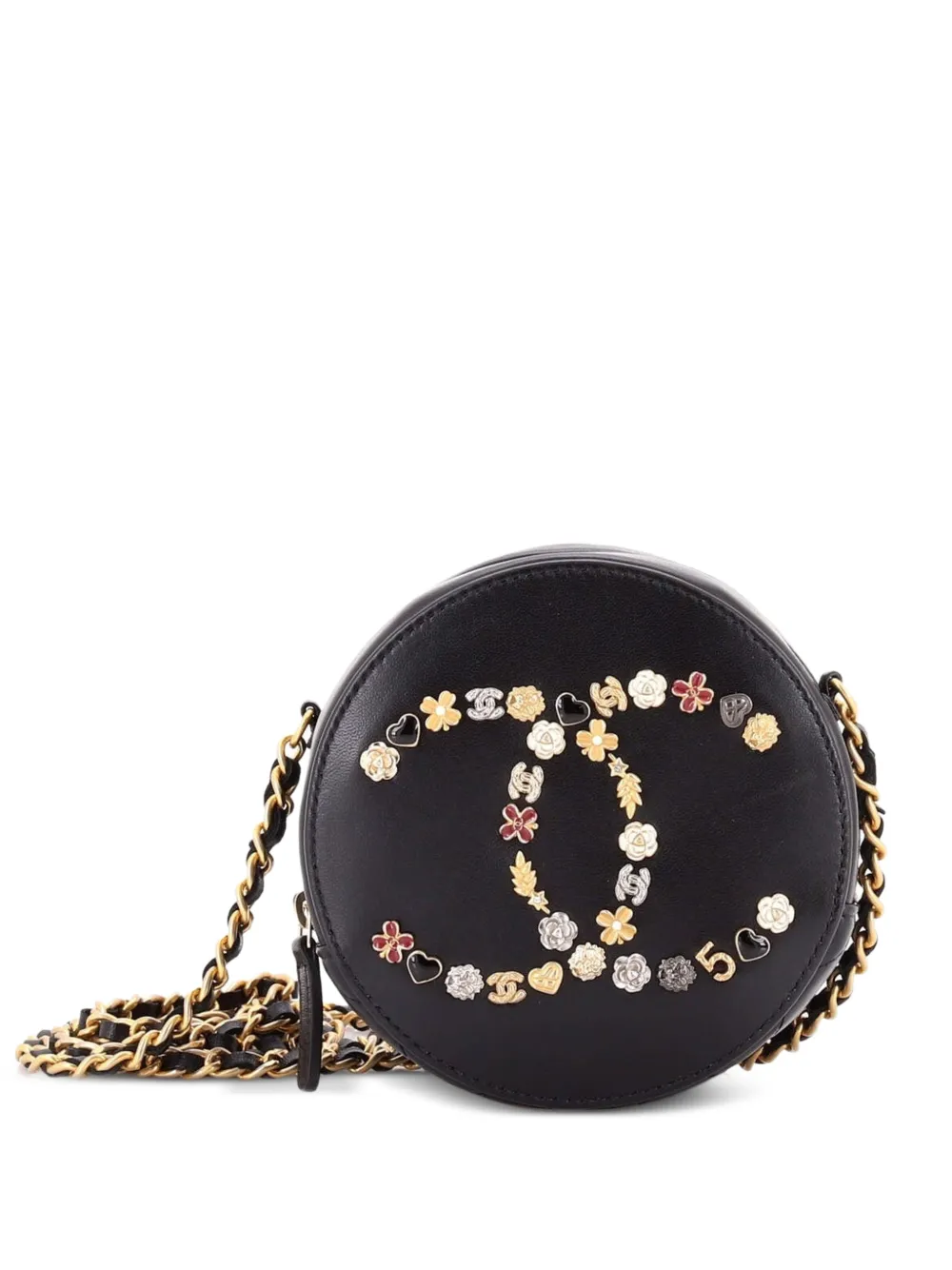 CHANEL Pre-Owned Clutch tonda in pelle di agnello con decorazione Lucky Charms e catena - Nero