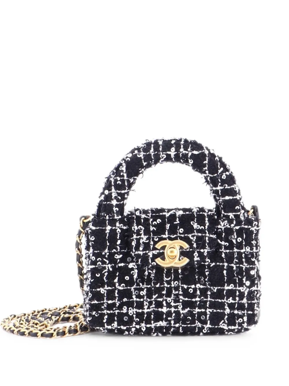 CHANEL Pre-Owned Kelly Top Handle Shopping Bag Quilted Tweed with Sequins Nano satchel - Black