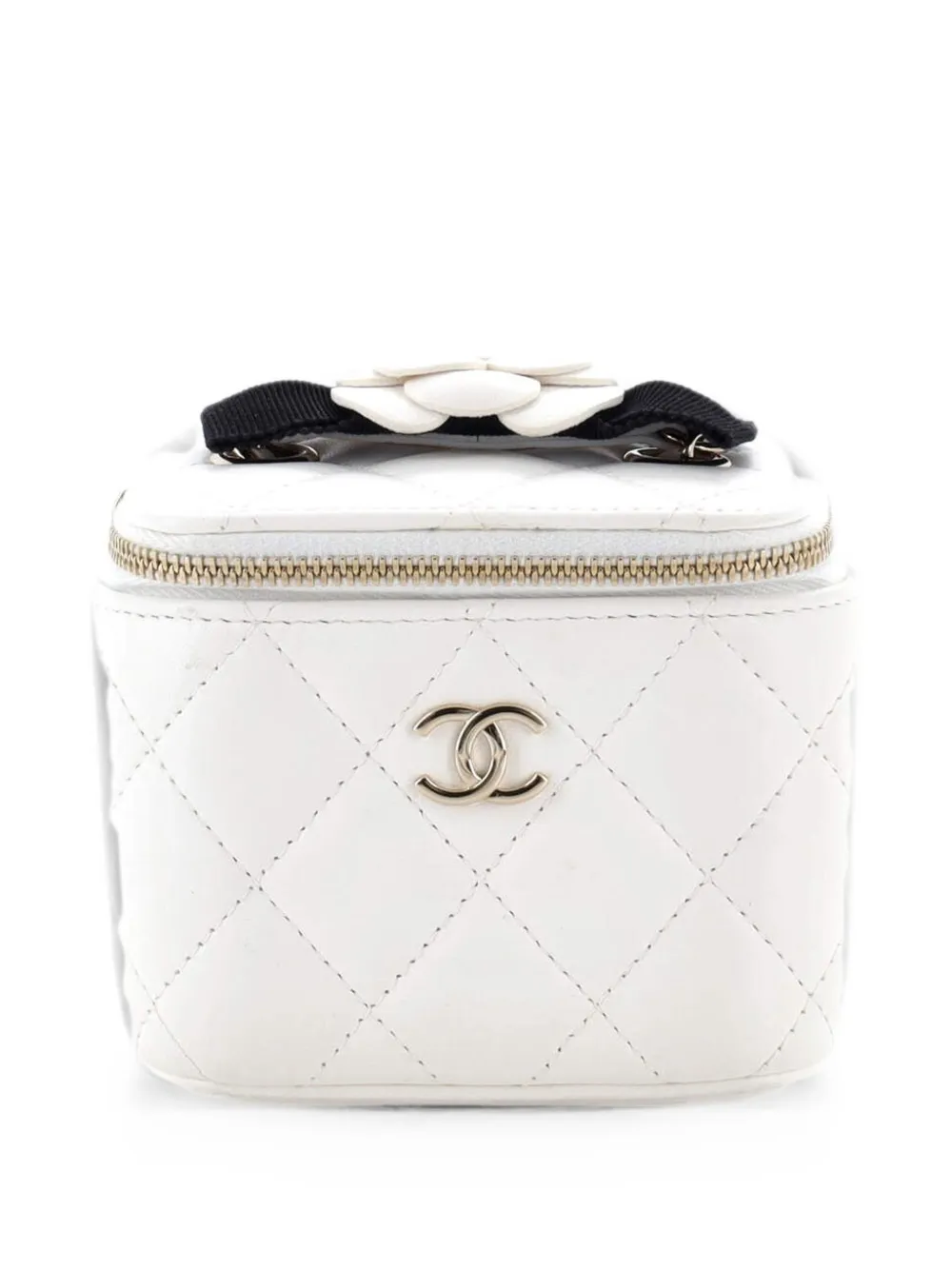CHANEL Pre-Owned Camellia Bow Vanity Case with Chain Quilted Lambskin Mini crossbody bag - White