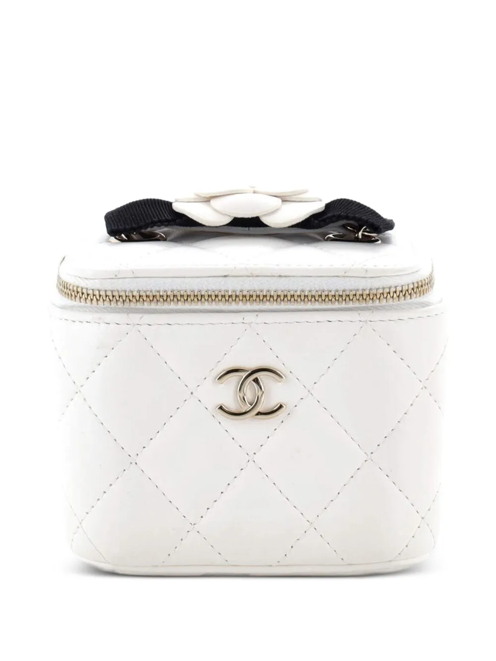 CHANEL Pre-Owned Borsa a tracolla Vanity Case mini in pelle di agnello trapuntata con fiocco e camelia - Bianco