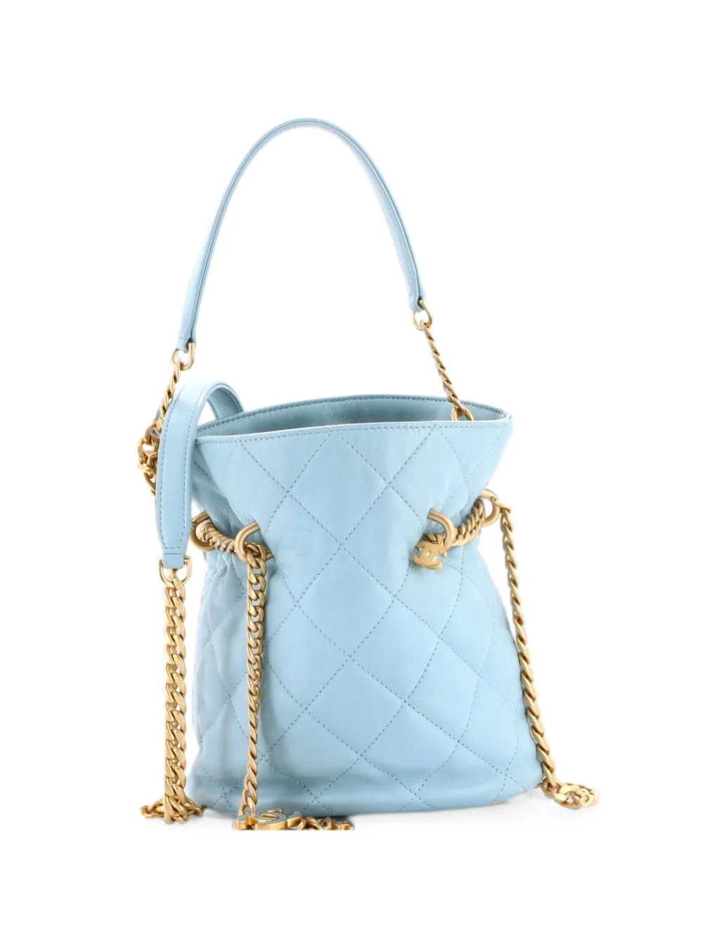 CHANEL Pre-Owned Pending CC Drawstring Quilted Lambskin Small bucket bag - Blue
