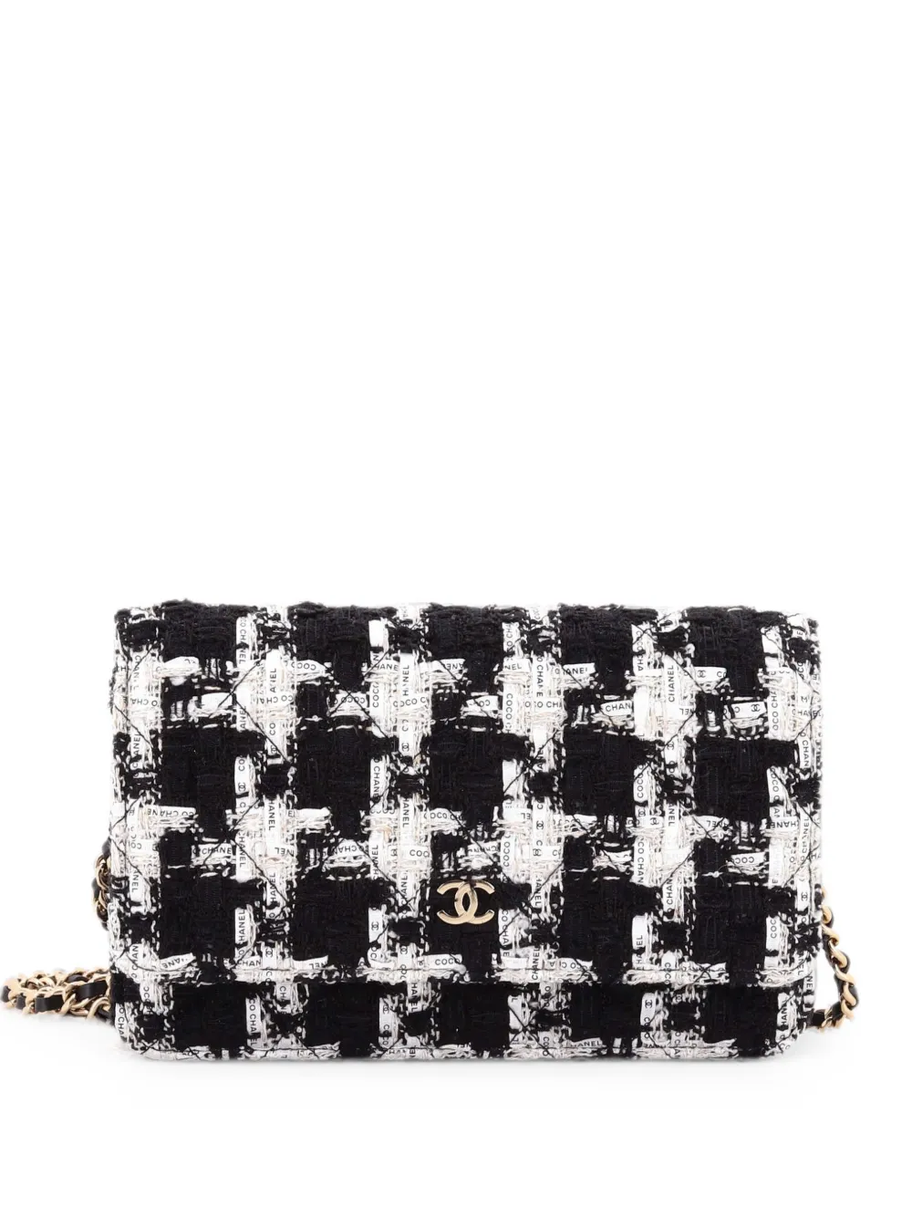 CHANEL Pre-Owned Borsa a tracolla in tweed trapuntato con motivo pied-de-poule, nastro e catena - Nero