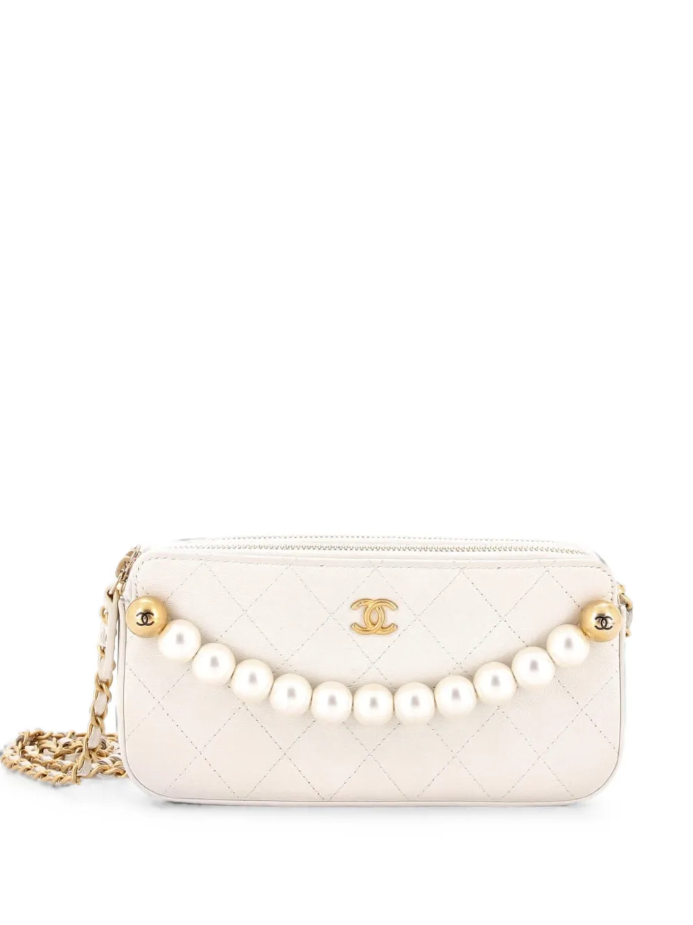 CHANEL Pre-Owned Chic Pearls Double Zip Clutch with Chain Quilted Lambskin crossbody bag - Neutrals