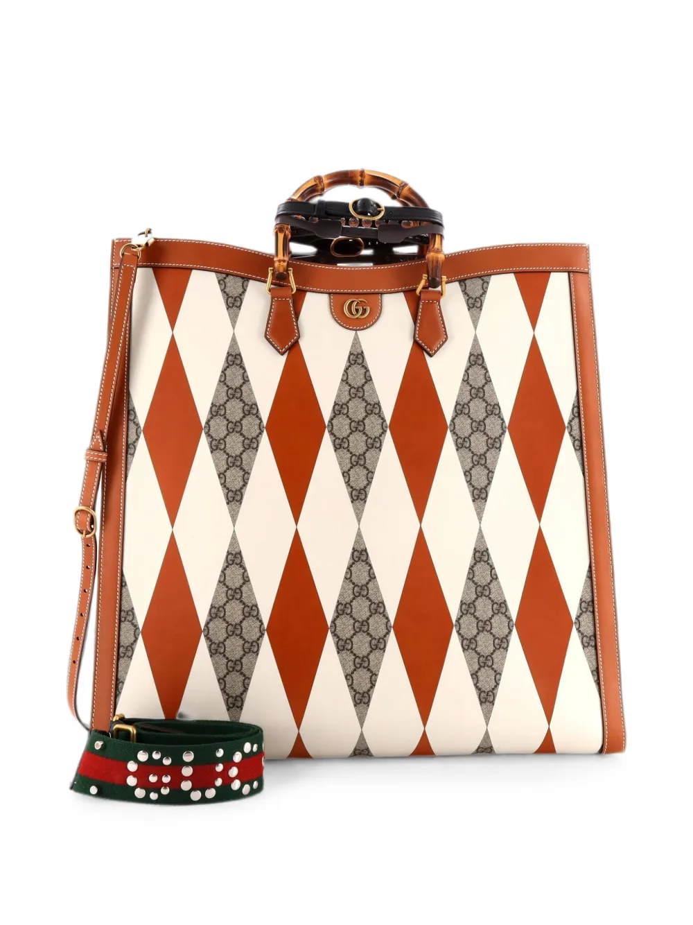 Gucci Pre-Owned Diana NM Bamboo Handle Rhombus GG Coated Canvas with Leather Large tote bag - Brown