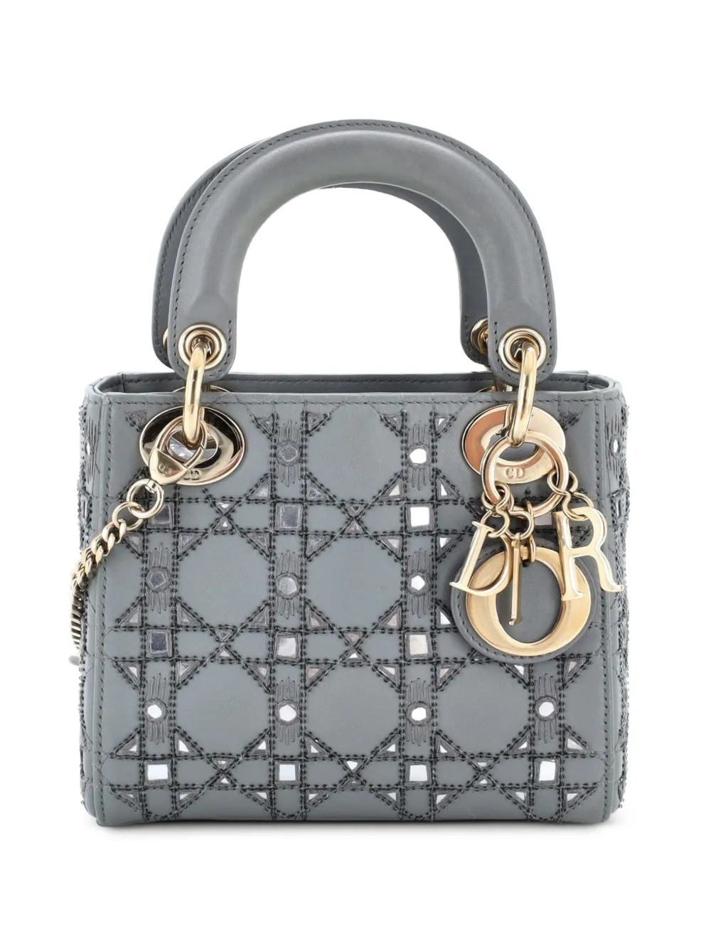 Christian Dior Pre-Owned Mini Lady Dior Schultertasche aus Leder mit Perlen und Kettenriemen - Grau