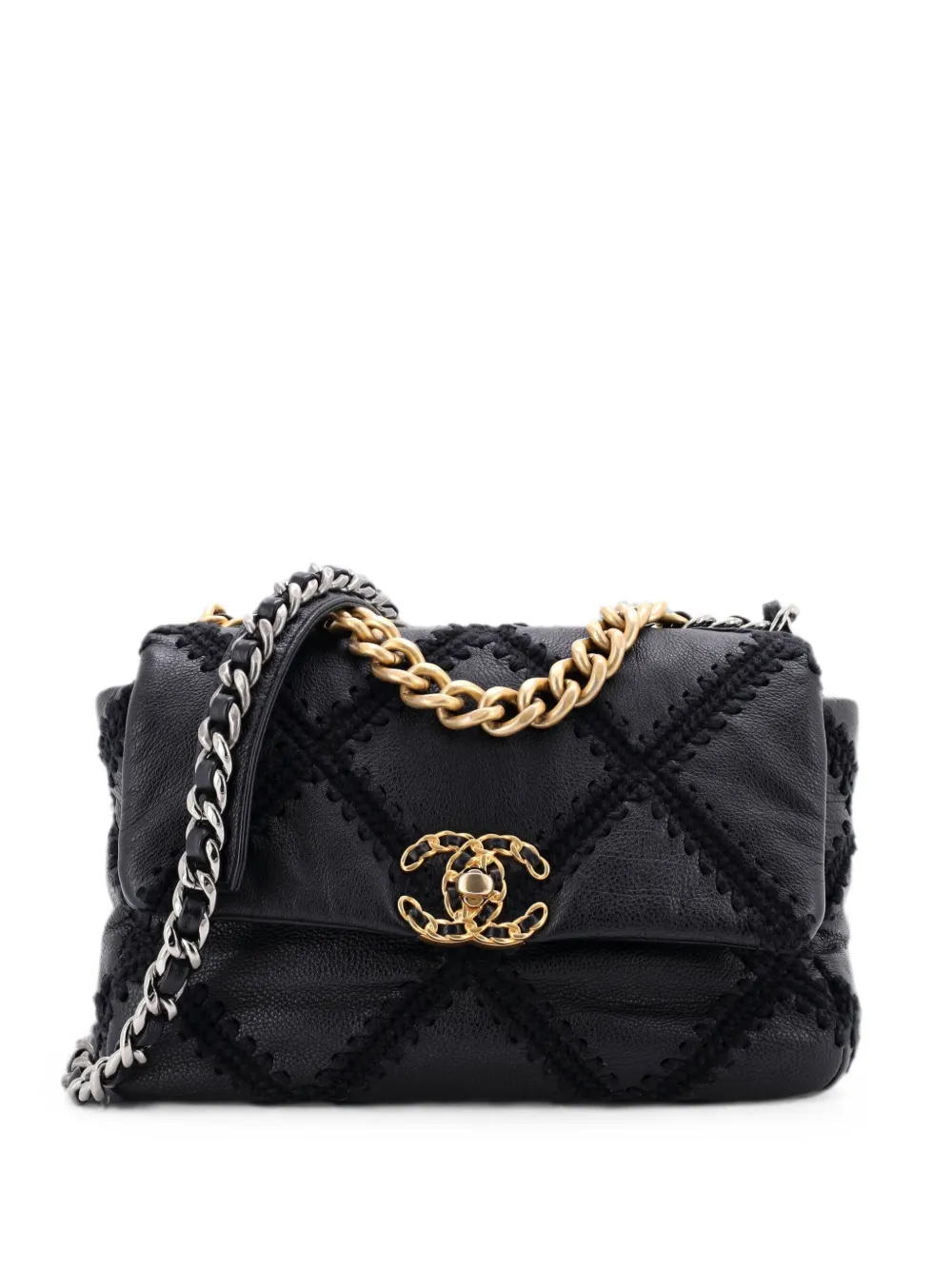 CHANEL Pre-Owned Borsa a tracolla 19 media in pelle di vitello trapuntata con battente e dettagli all'uncinetto - Nero