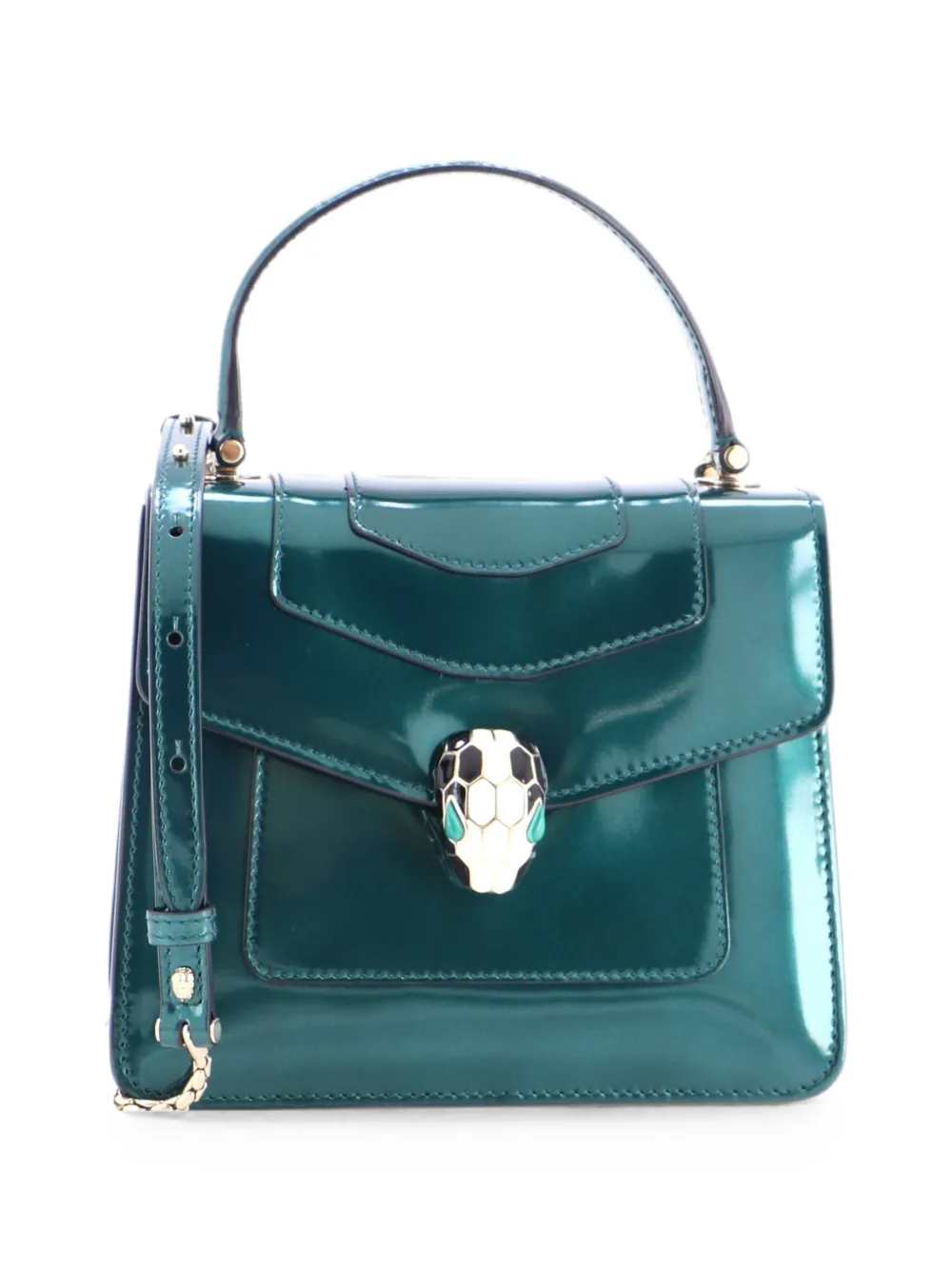 Pre-owned Bvlgari Serpenti Top Handle Bag Patent Small Satchel In Green