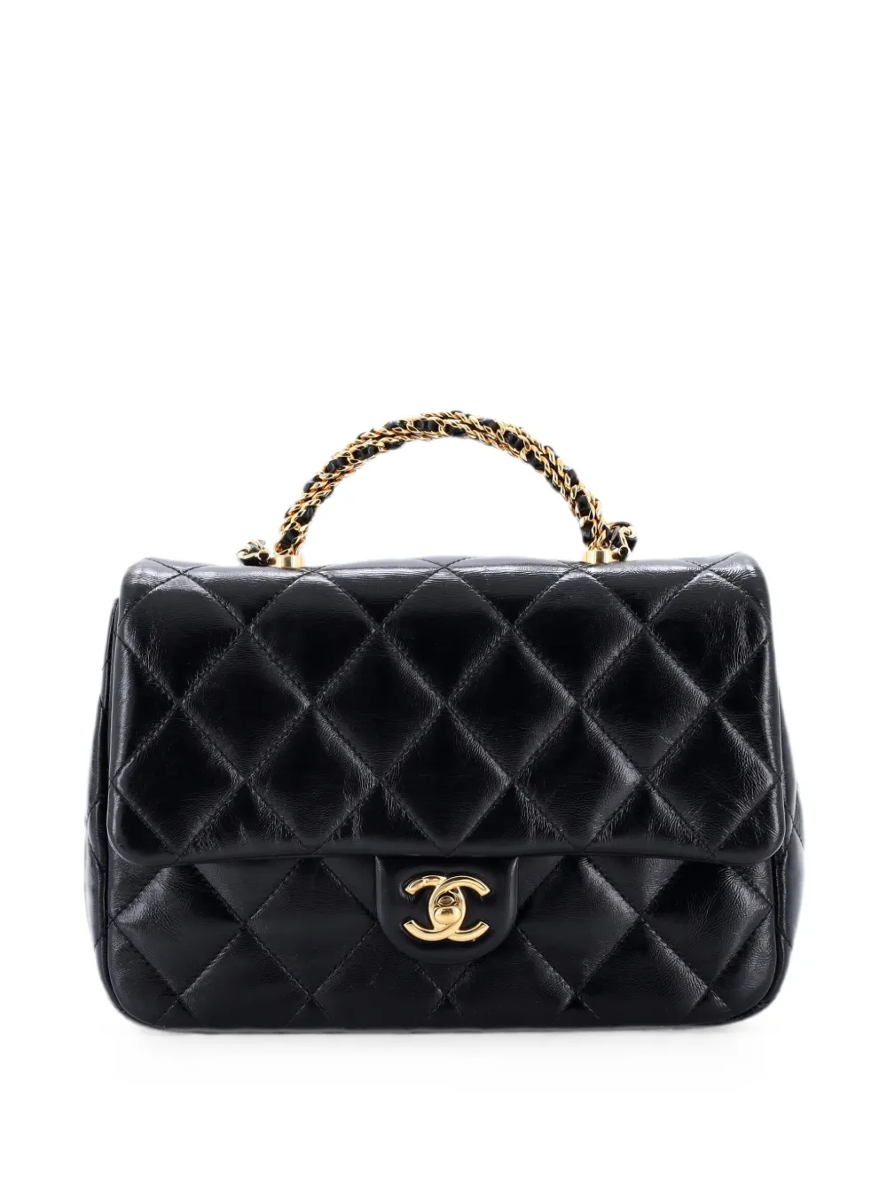 CHANEL Pre-Owned Twisted Chains Top Handle Fap Bag Quilted Shiny Lambskin Medium shoulder bag - Black