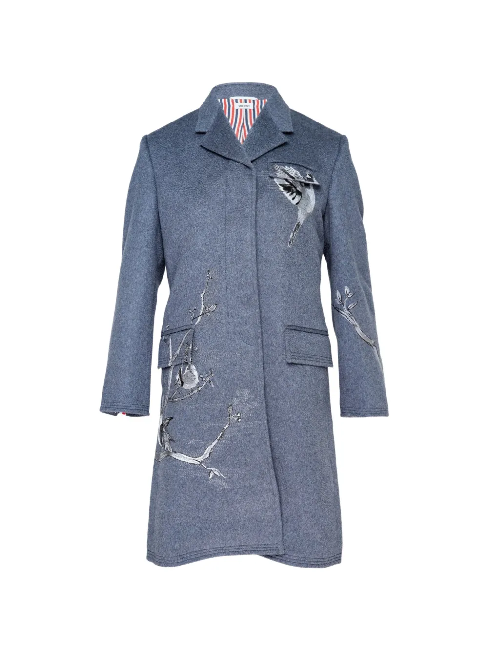 Thom Browne Embroidered Chesterfield Coat In Blue