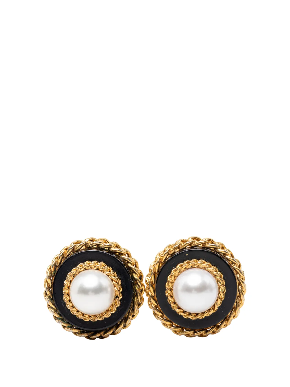 CHANEL Pre-Owned 1980-1990 Gold Plated Resin and Faux Pearl Chain Disc Clip On Earrings costume earrings - Black