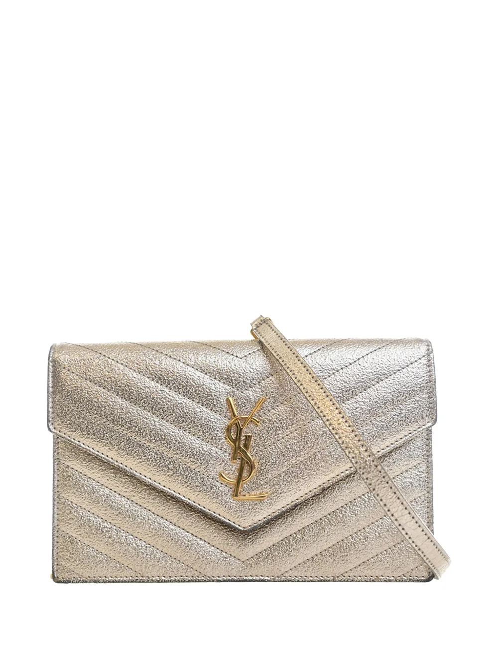 Saint Laurent Pre-Owned Borsa a tracolla in pelle di vitello metallizzata effetto vissuto con motivo chevron, catena e monogramma 2017 - Oro