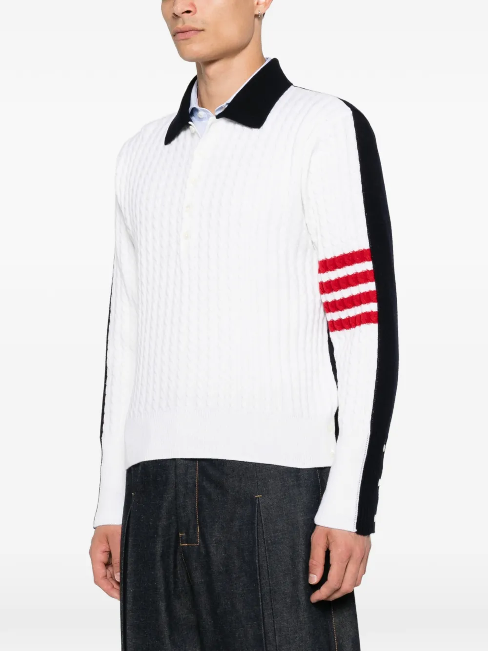 Thom Browne 4-Bar kabelgebreid poloshirt Wit