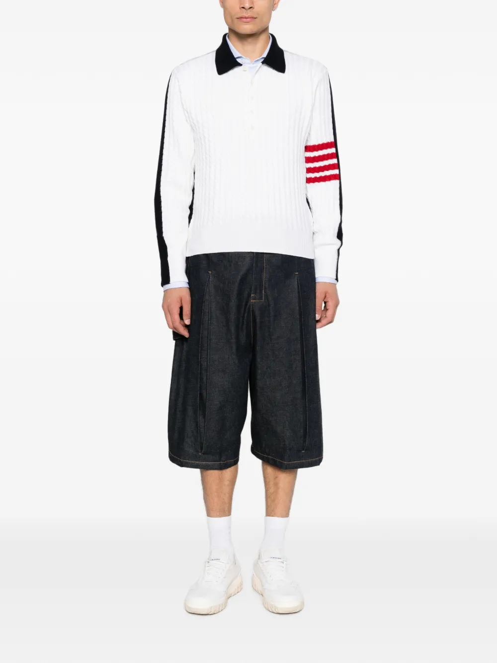 Thom Browne 4-Bar kabelgebreid poloshirt Wit