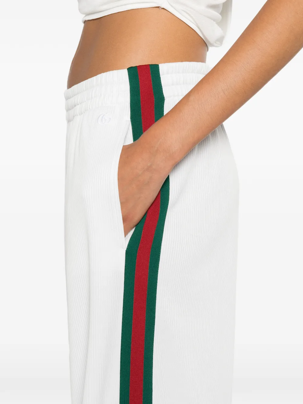 Gucci Geribbelde katoenen jersey broek met web Beige