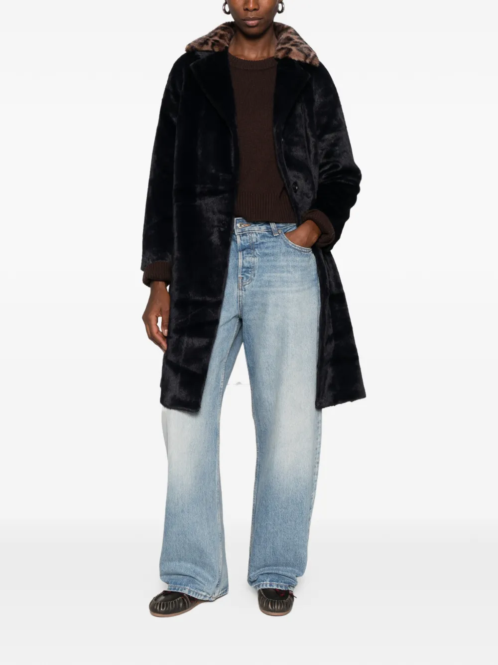 Betta Corradi leopard-print collar faux-fur coat Blauw