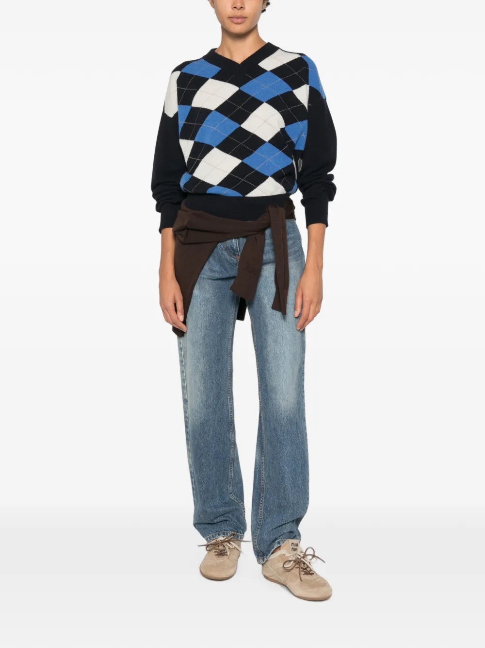 Marella Buono trui met argyle-intarsia en V-hals Blauw