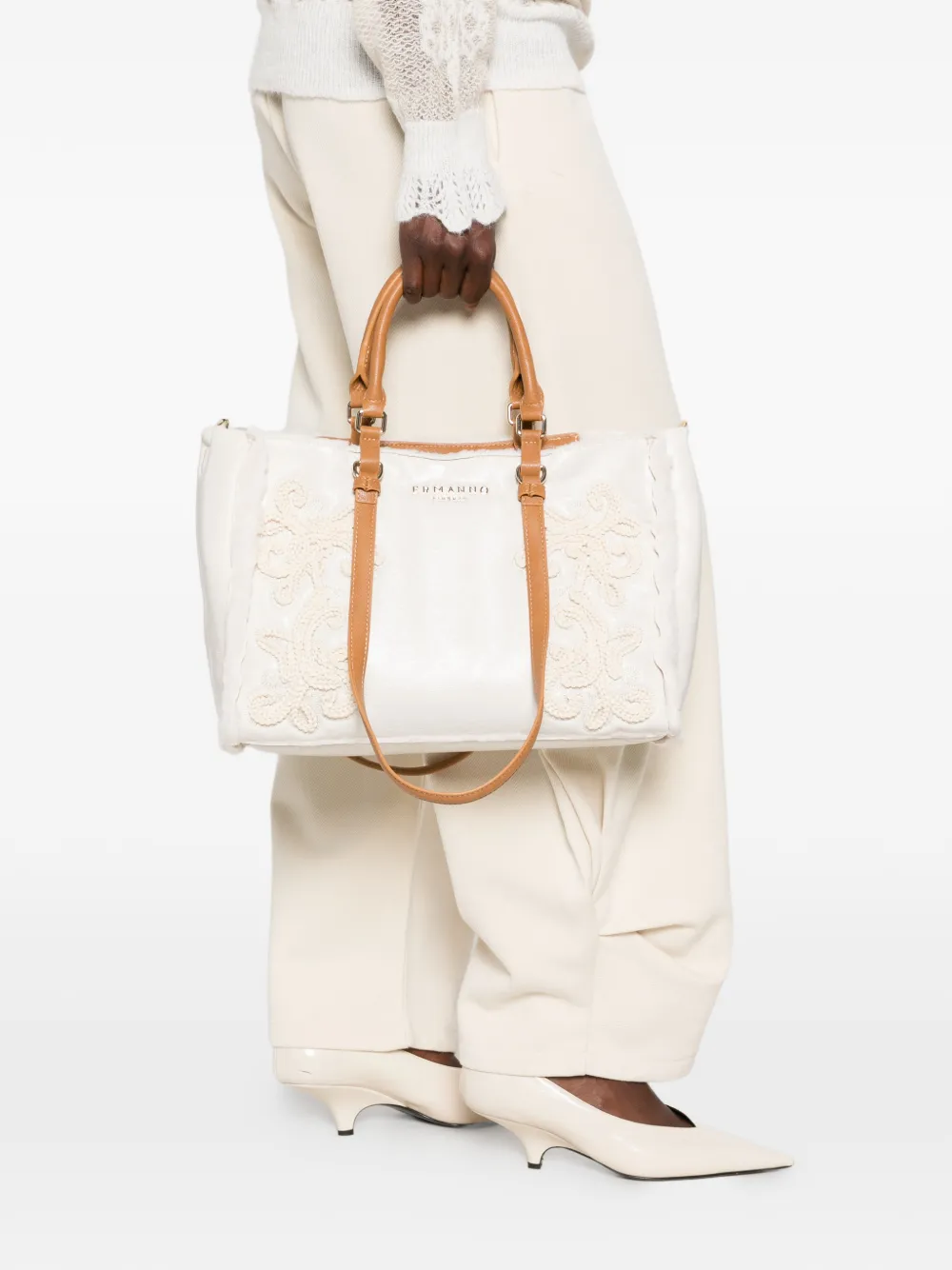 ERMANNO FIRENZE Shopper met gehaakt borduurwerk Beige