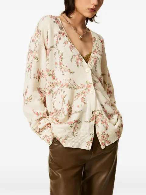 TWINSET wool blend knitted maxi cardigan with floral pattern