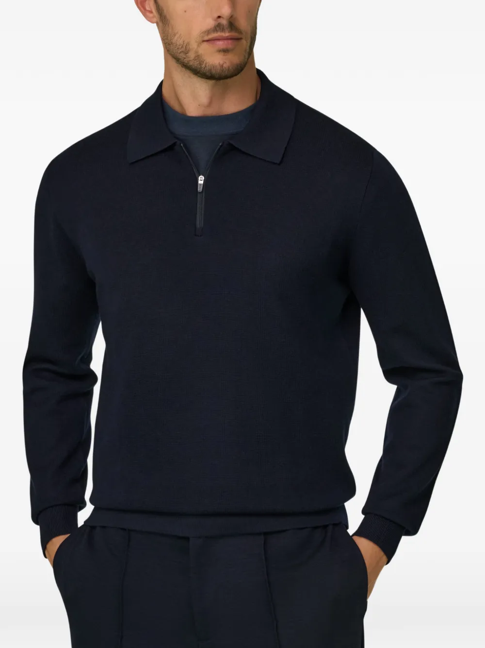 Boggi Milano Gebreid poloshirt van wolblend met kwartrits Blauw