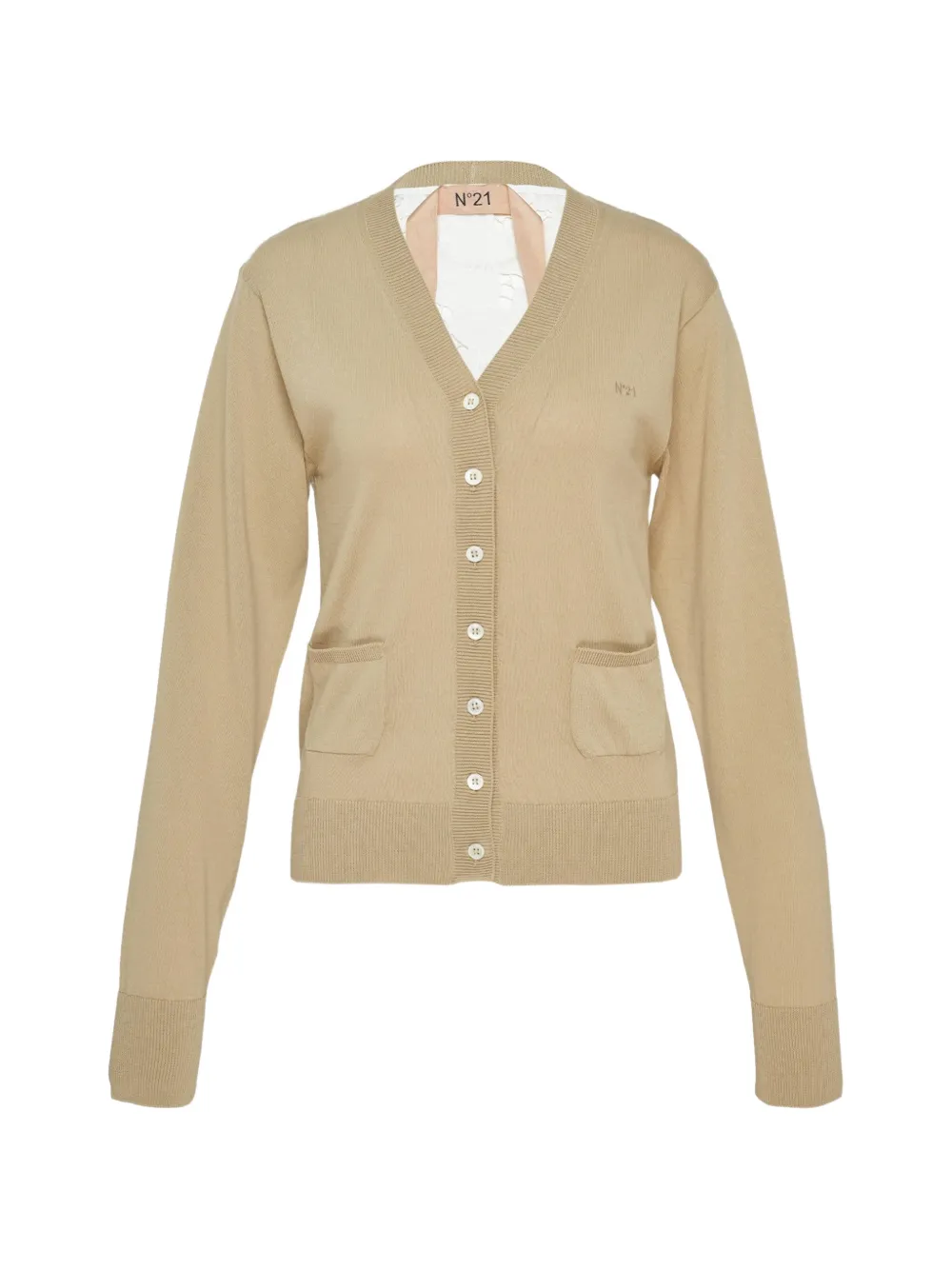 N°21 Lace-panelled V-neck Cardigan In Neutral