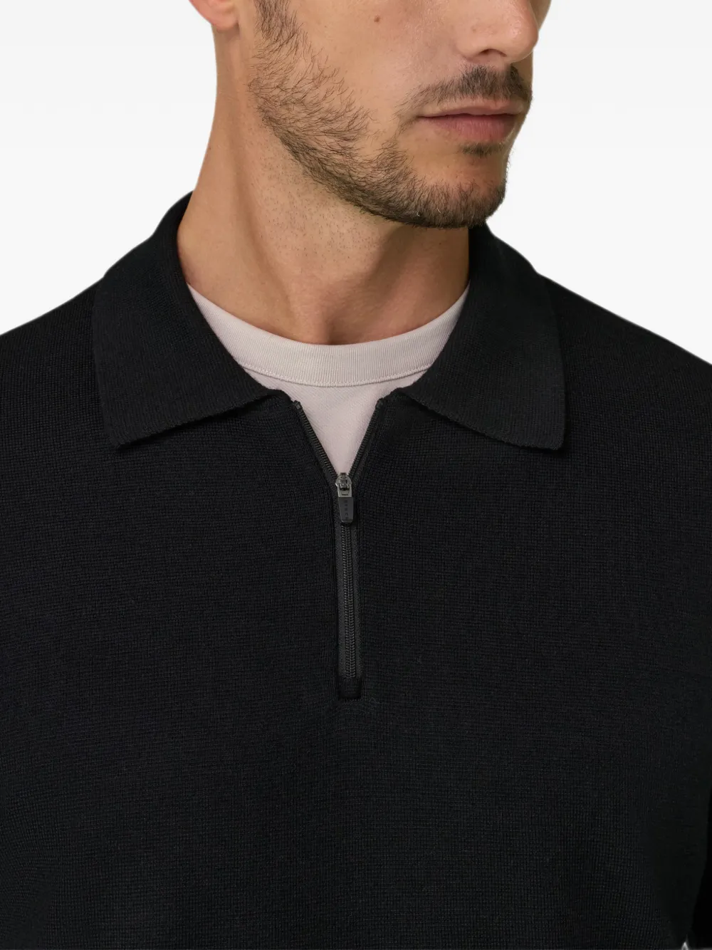 Boggi Milano Gebreid poloshirt van wolblend met kwartrits Zwart