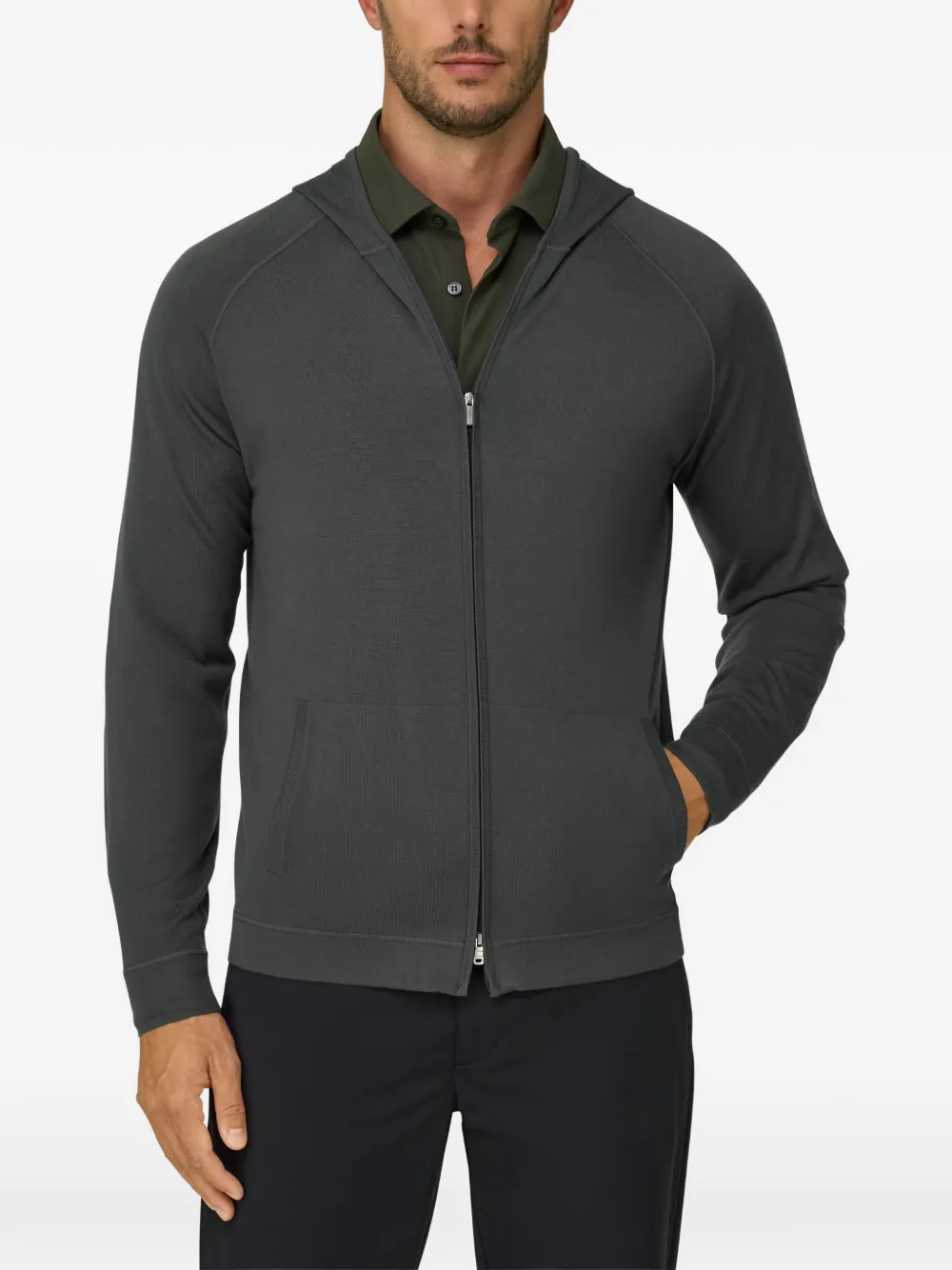 Boggi Milano Gebreide sweater hoodie met rits en superfijn merinowol Grijs