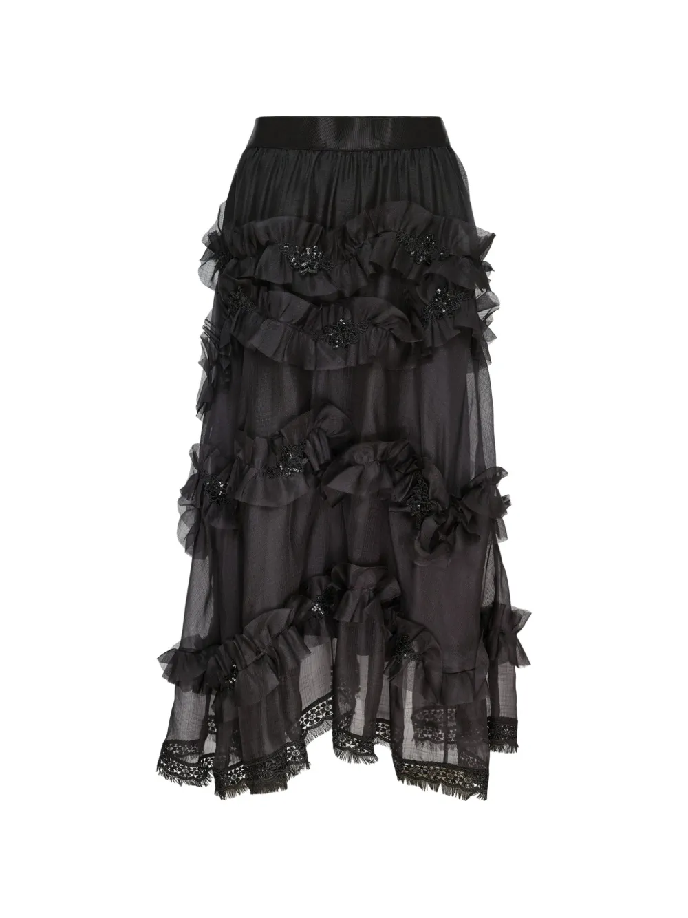 Renli Su ruffled-trim silk midi skirt - Nero
