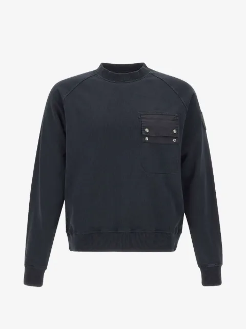 Blauer Pullover mit Raglanärmeln und Brusttasche
